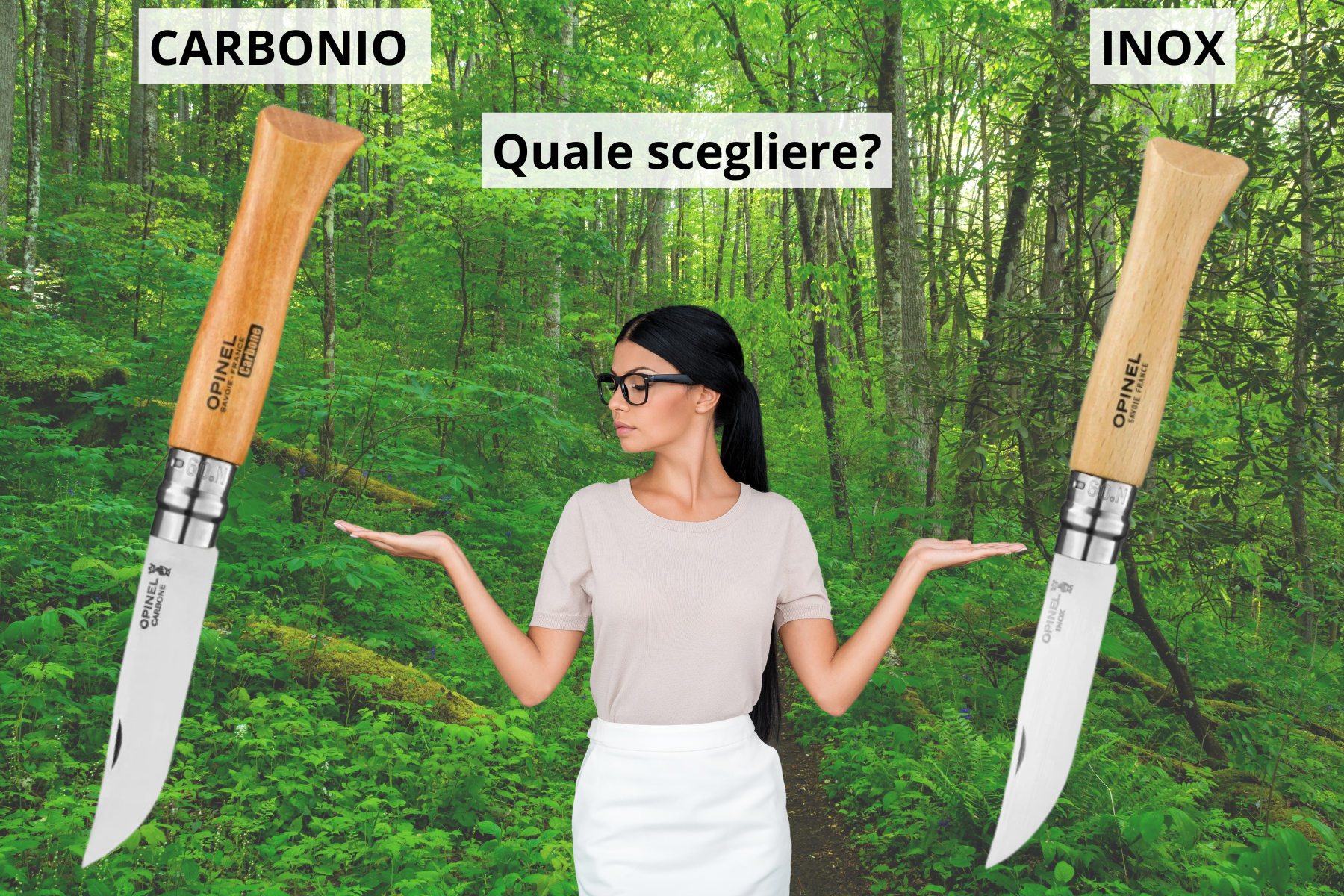 donna che mostra i coltelli opinel con lame inox o carbonio