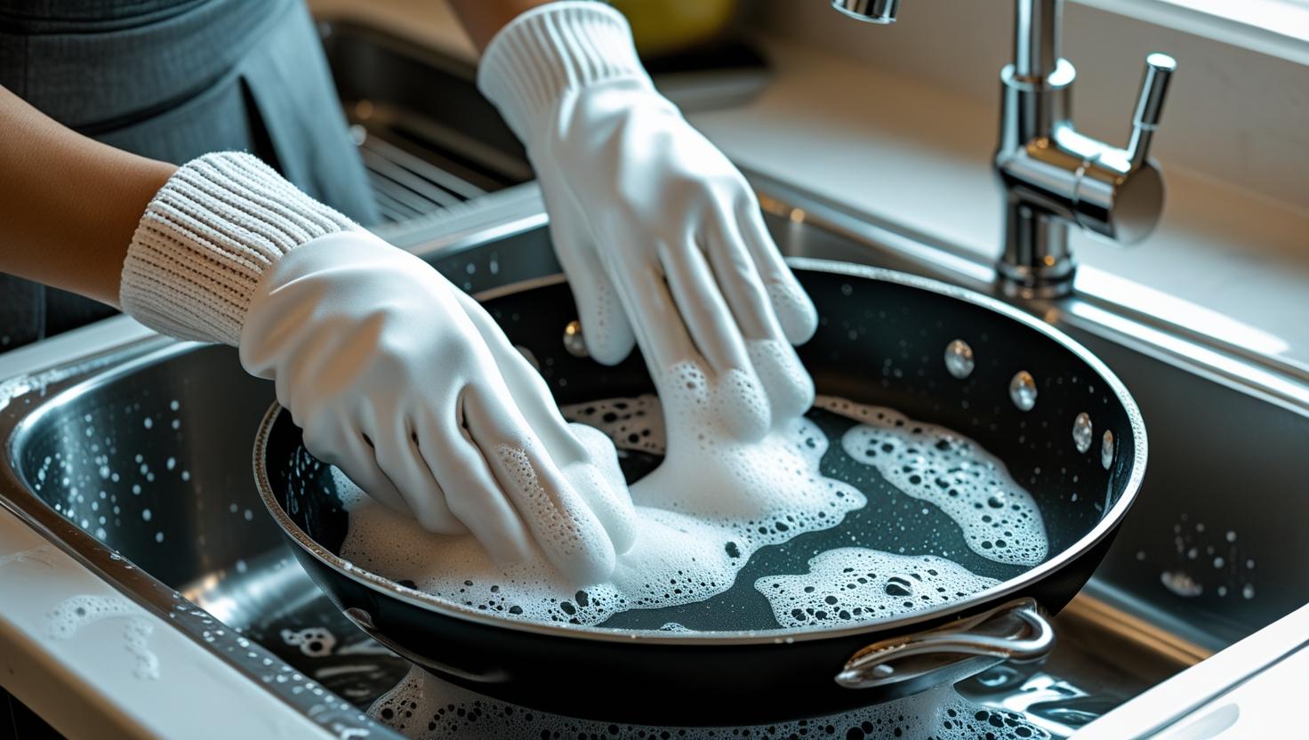 Padella antiaderente con sapone piatti e spugna in cucina 