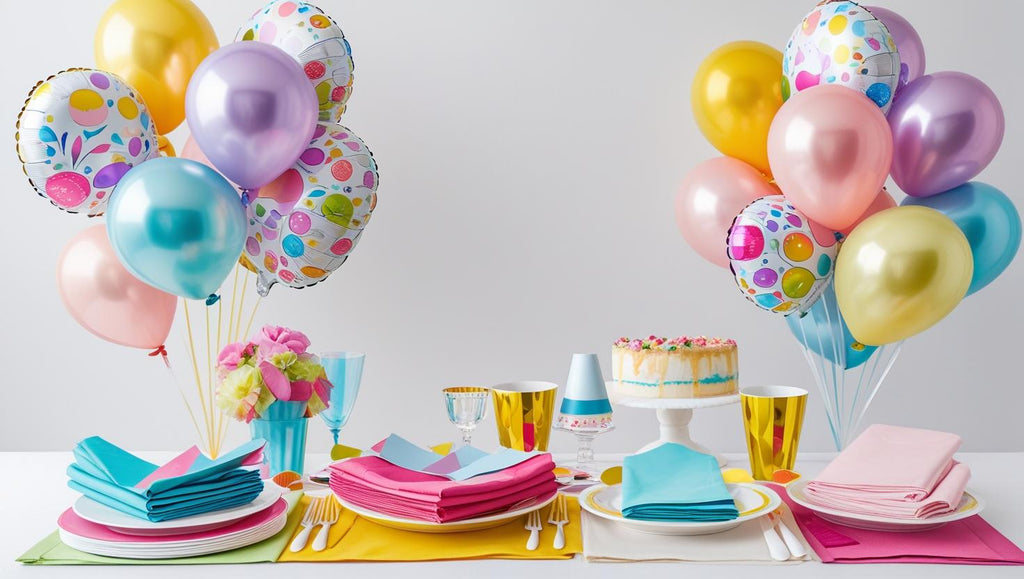 foto di una tavola party colorata con palloncini piatti bicchieri e tovaglioli