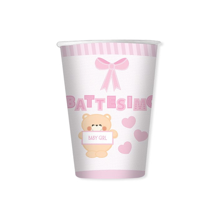 Bicchieri a tema battesimo bambina con orsetto teddy rosa misura 200 ml 8 pezzi in carta