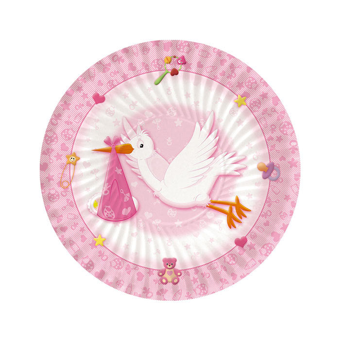 Piatti a tema nascita bambina rosa 18 cm 8 pezzi in carta