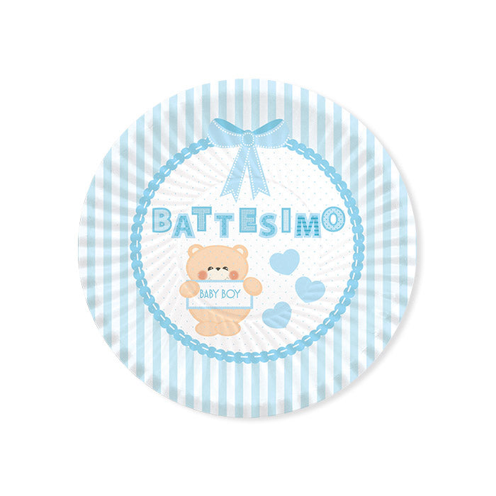 Piatti a tema battesimo bambino orsetto teddy celeste 18 cm 8 pezzi in carta