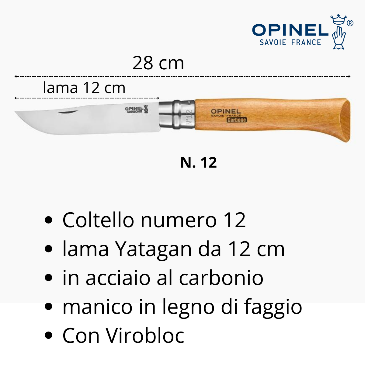 Coltello Opinel acciaio al carbonio lama 12 cm grande, con manico faggio tascabile richiudibile