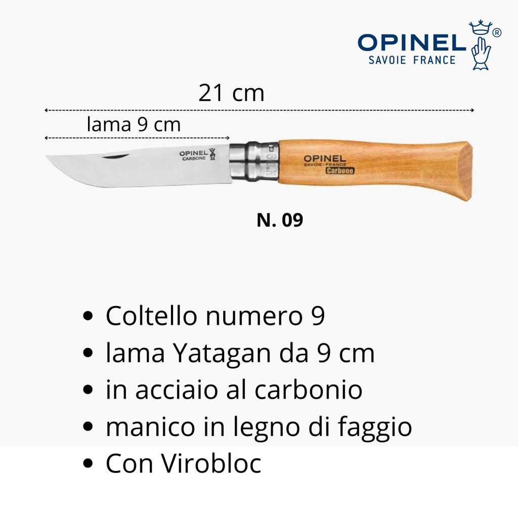 Coltello Opinel acciaio al carbonio lama 9 cm manico faggio tascabile pieghevole