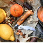 Vendita di coltello brand opinel in carbonio manico in faggio misura 3 semiaperto su tavolo con agrumi shoppinghome.it