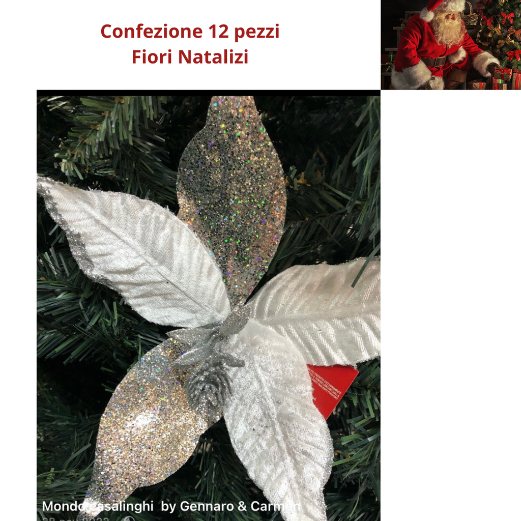 Set 12 fiori natalizi decorazioni per albero di natale Bianco e argento