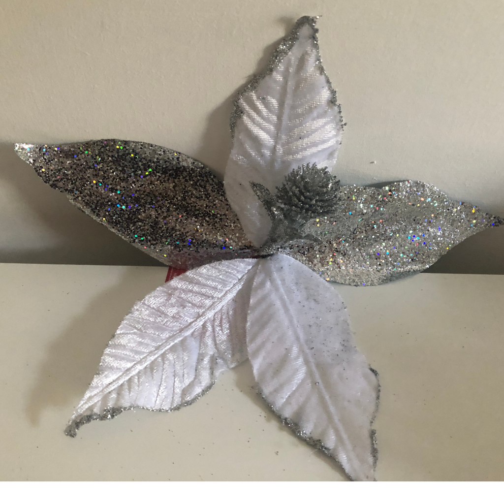 Set 12 fiori natalizi decorazioni per albero di natale Bianco e argento