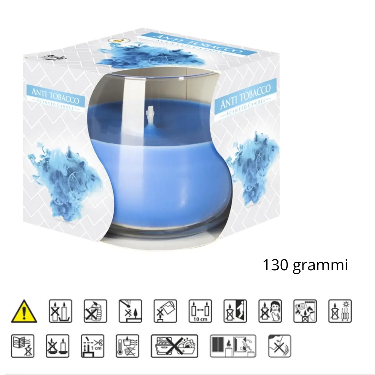 vendita online di candela profumata in vetro colore celeste anti odori e antitabacco , mostrata nel suo scatolo con in evidenza i simboli di sicurezza shoppinghome.it